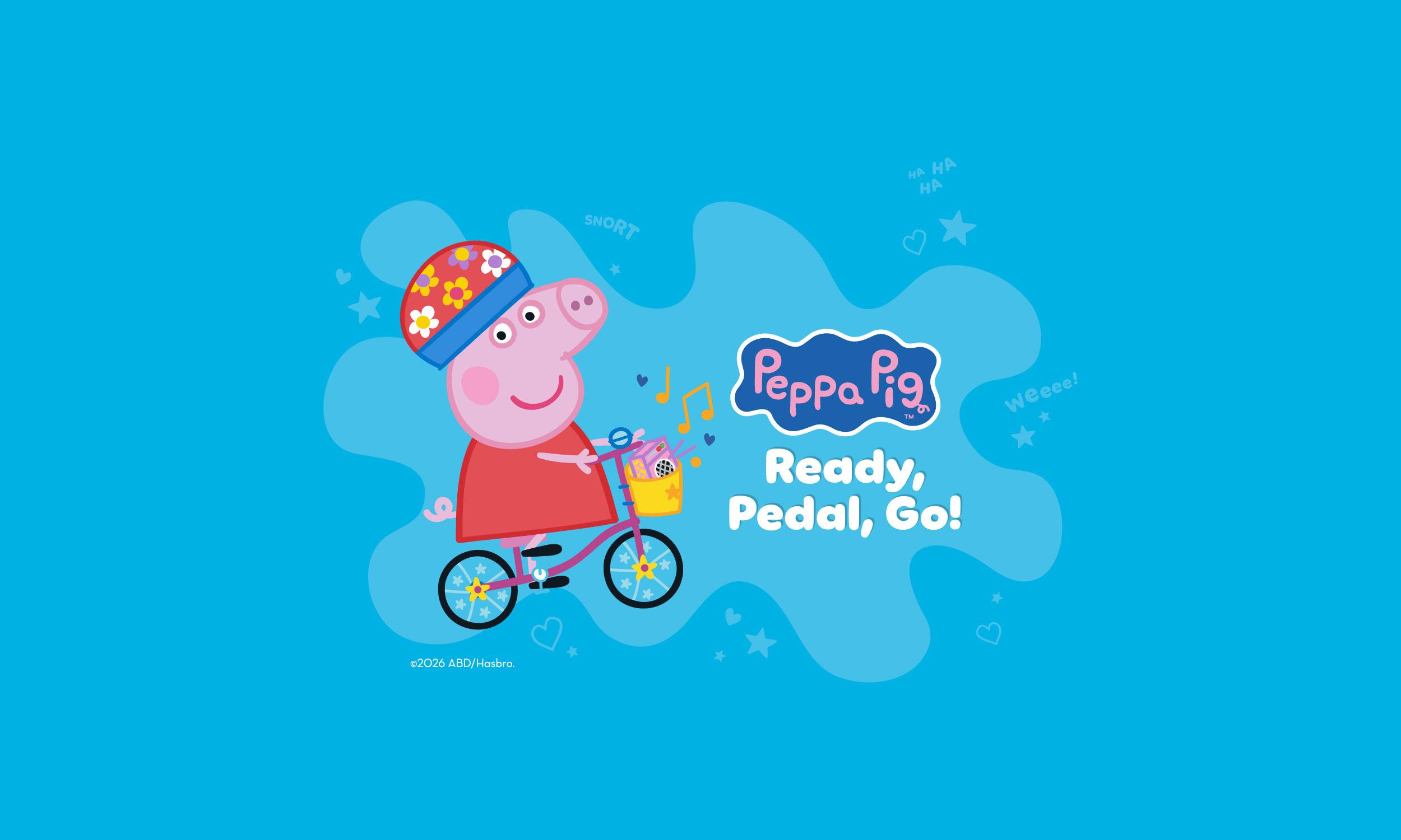 Promotional banner on a bright blue background featuring Peppa Pig riding a pink bicycle, wearing a floral cycling helmet and red dress, with a yellow basket on the front. The Peppa Pig logo and the text "Ready, Pedal, Go!" appear to the right. Playful sound effect words and star and heart decorations surround the illustration.