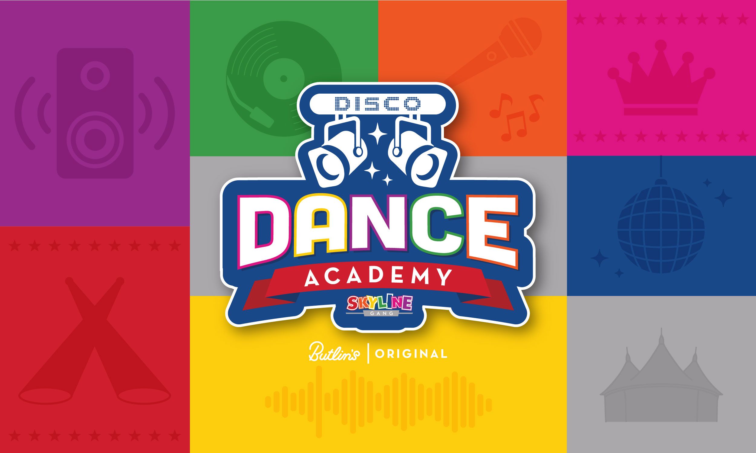 A promotional image for the Skyline Gang Disco Dance Academy. Featuring a colourful, tile background with images of the Skyline Pavilion peaks, spotlights and speakers. Overlaid on top is the logo for the activity with the words "Butlin's Original" beneath it.