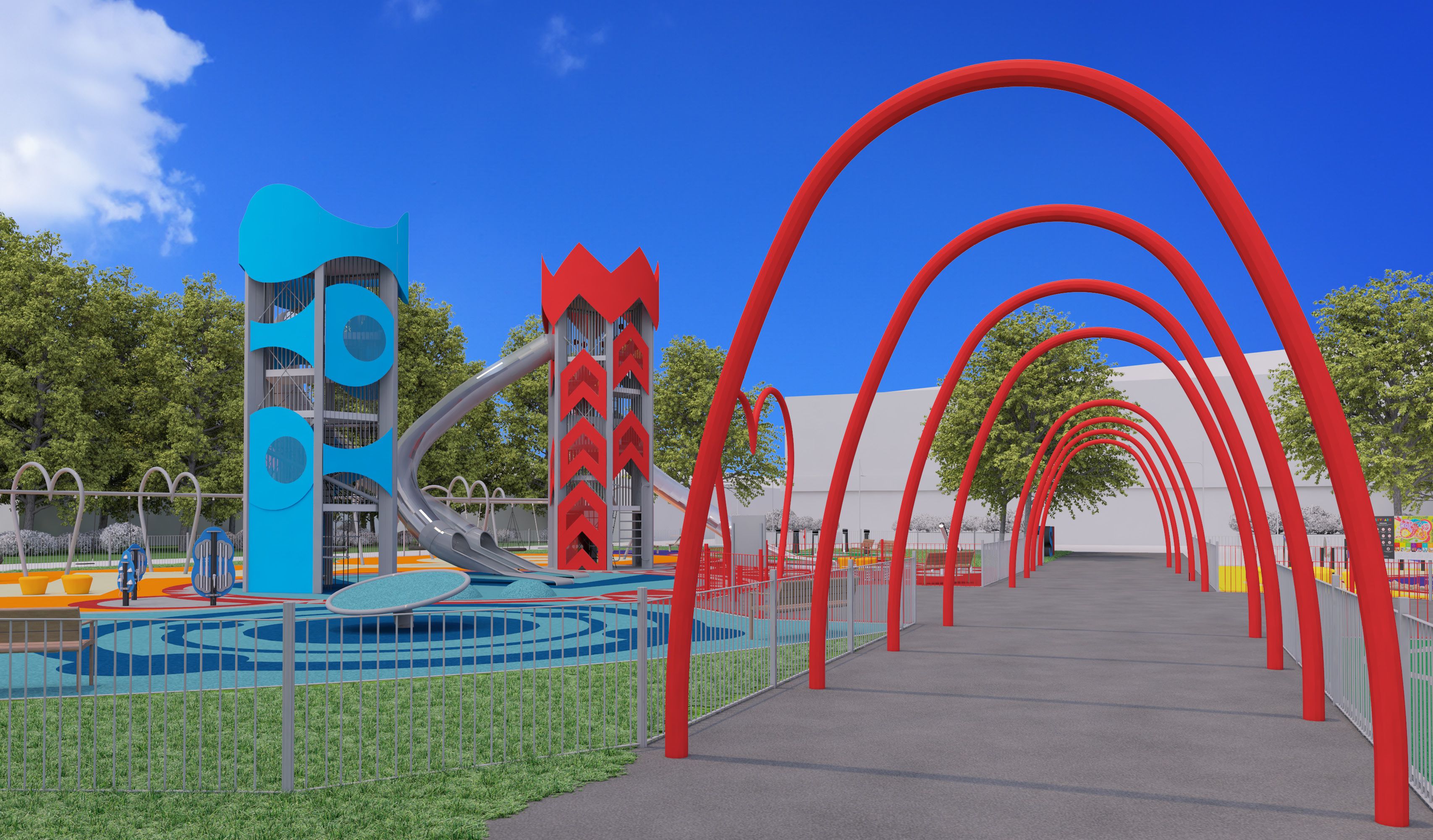 A colourful Skypark with massive tower slides.