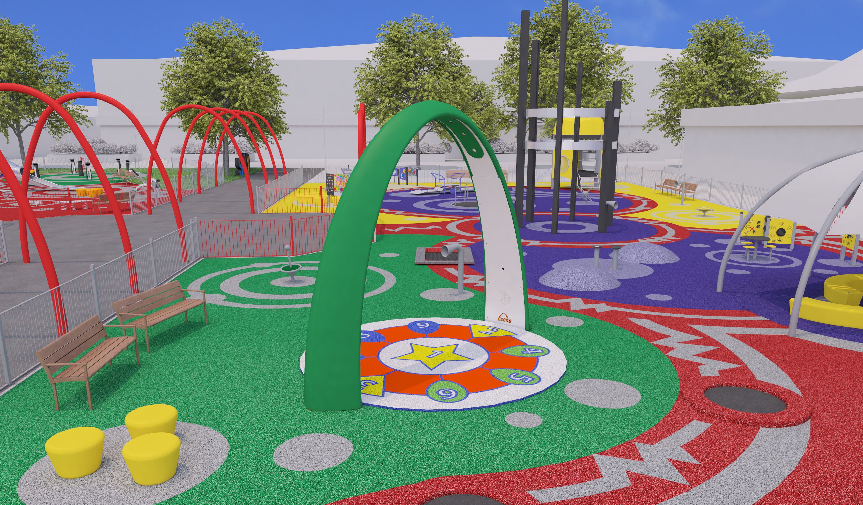 A colourful Skypark with massive tower slides.