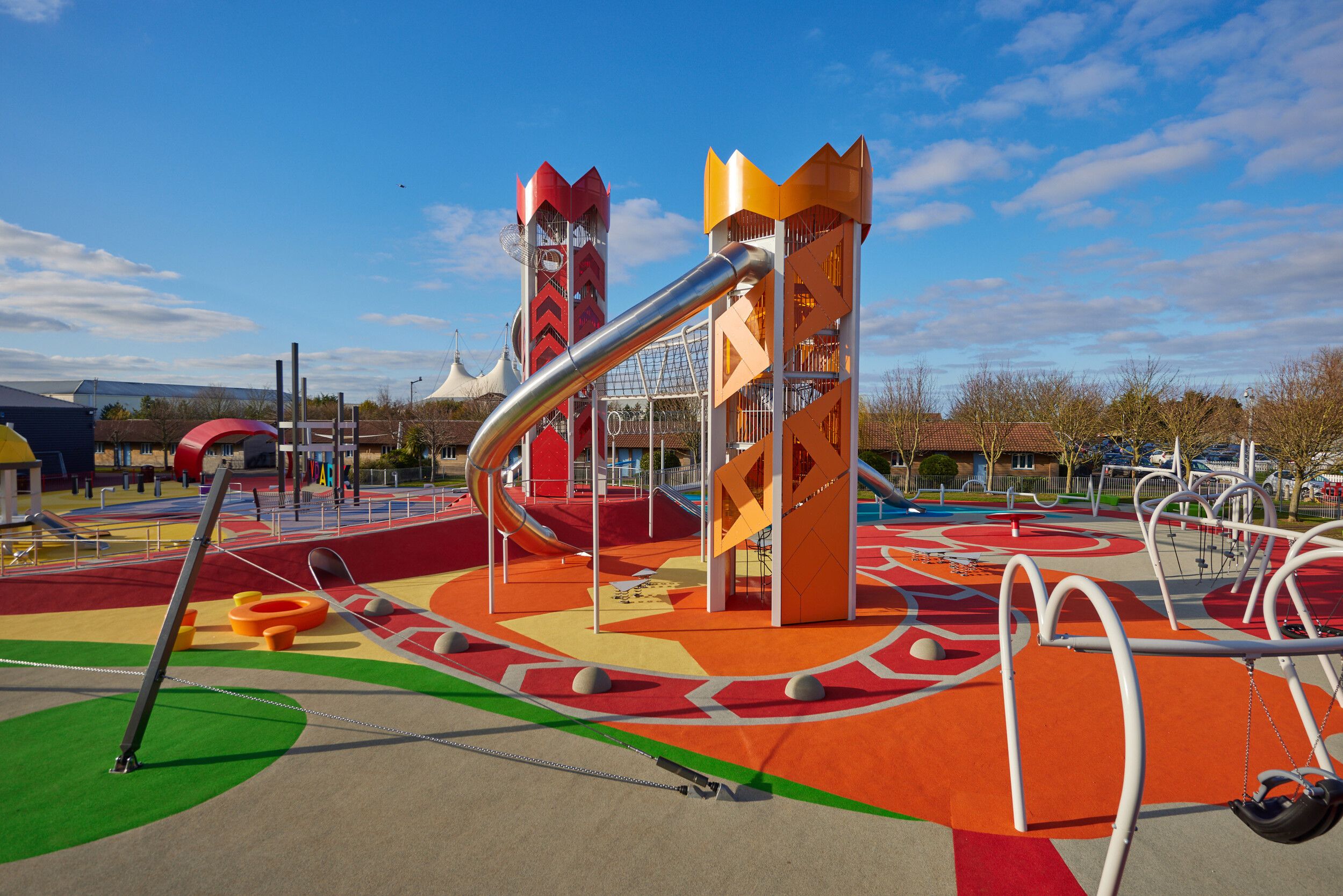 A colourful Skypark with different slides.