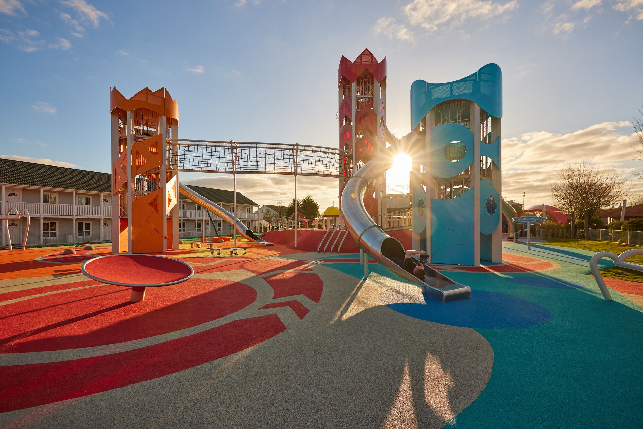 A colourful Skypark with different slides.