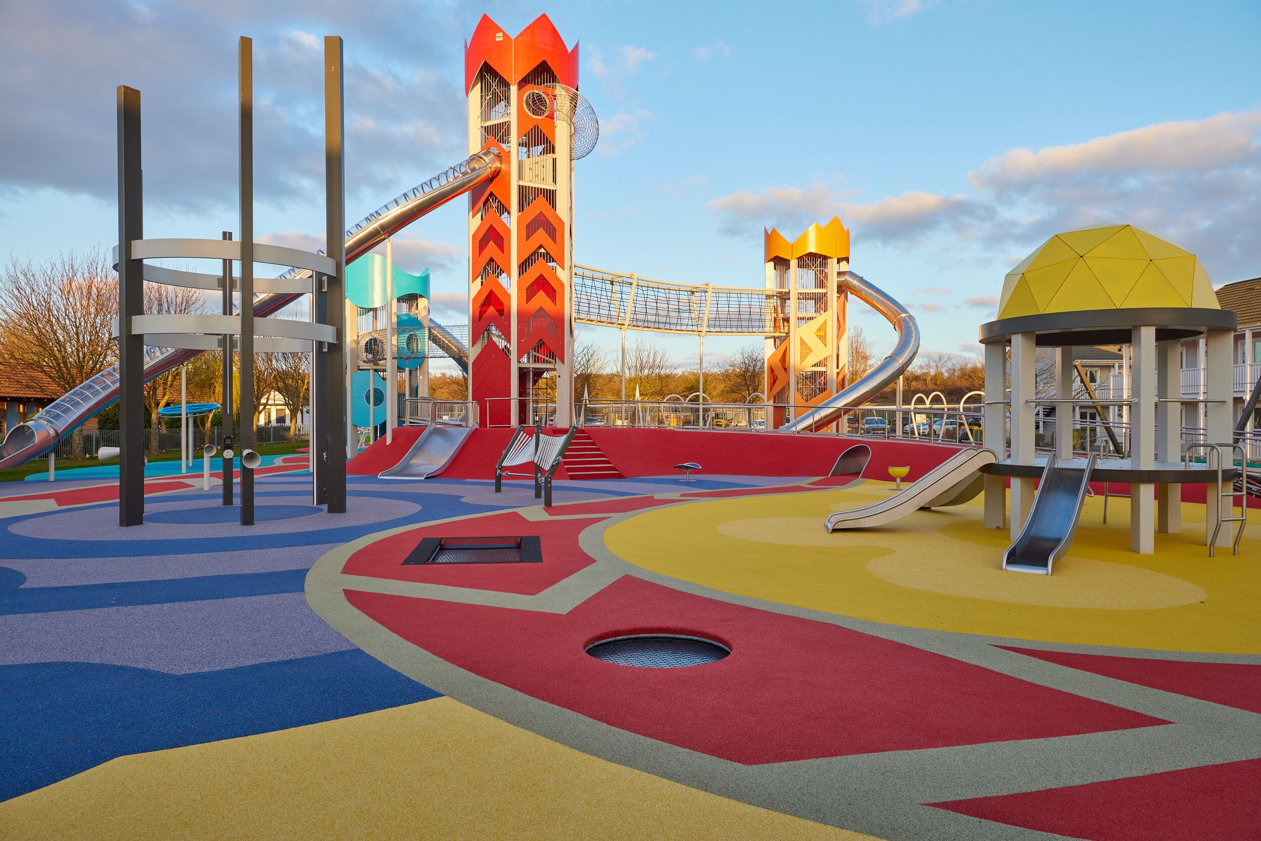 Three massive and colourful tower slides in Skypark.
