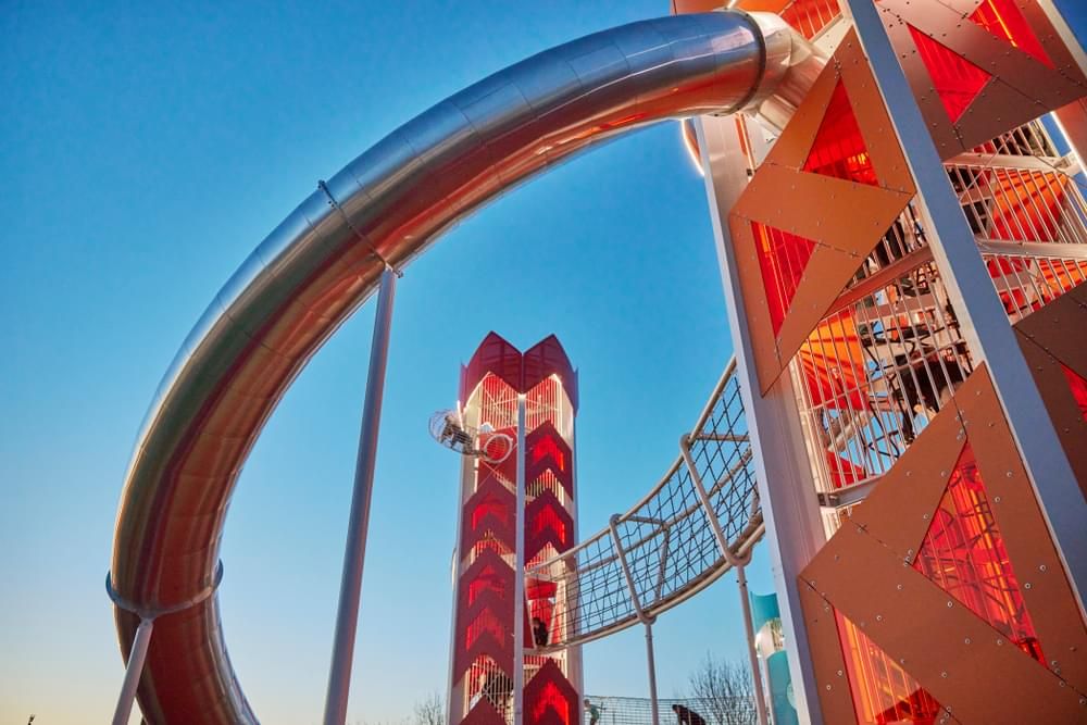 A close-up photo of the two Butlin's Skypark climbing towers.