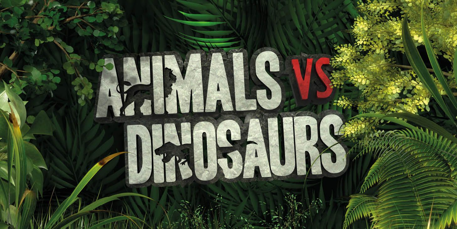 The promotional image for the Animals VS Dinosaurs show. Featuring the name of the show written in a bold white font, with black cutouts of dinosaurs within it. The words are surrounded by exotic plants.