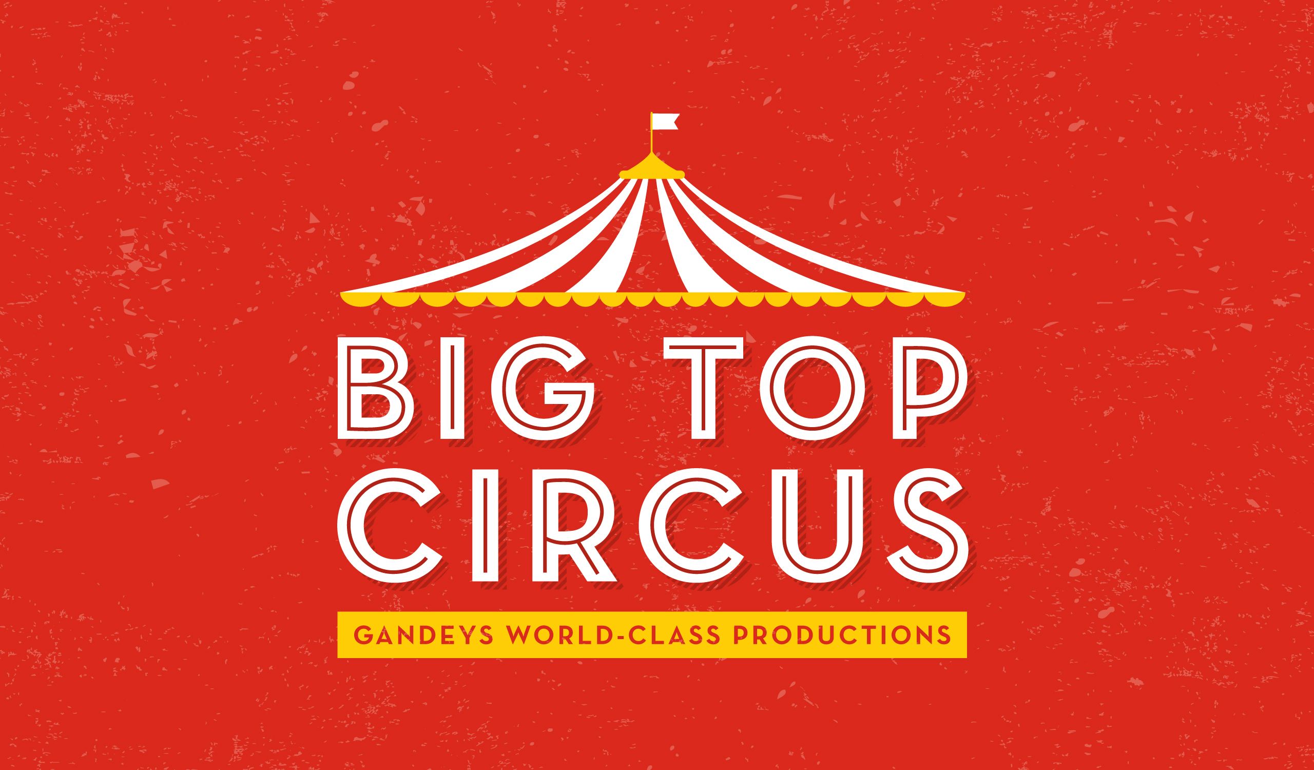 The promotional image for the Big Top Circus show. The words are at the centre of the image on a bright, red background. Below the show name are the words "Gandeys world-class productions".
