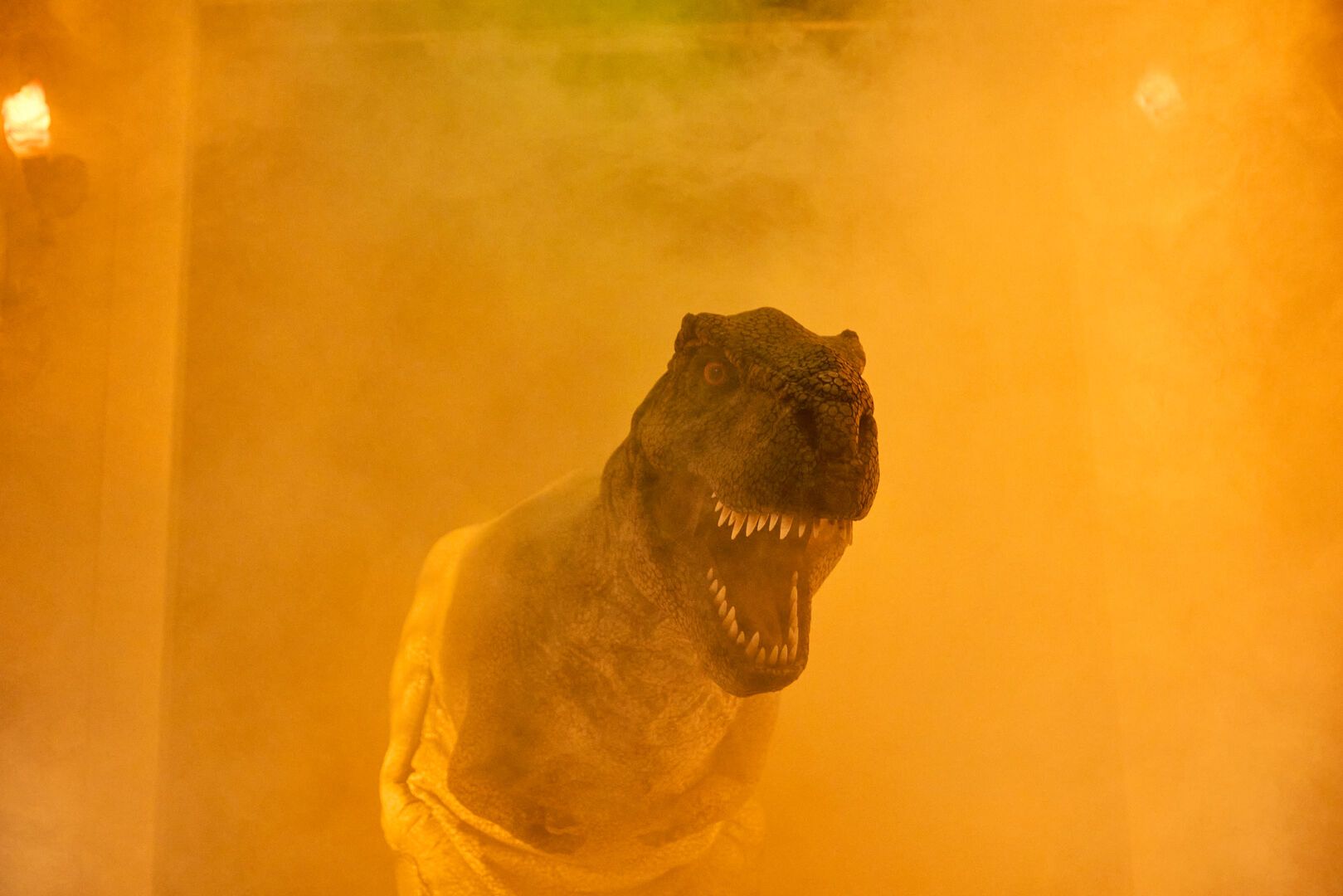 A T-Rex roars as it steps out of a smokey doorway as part of the Dino Expo experience.