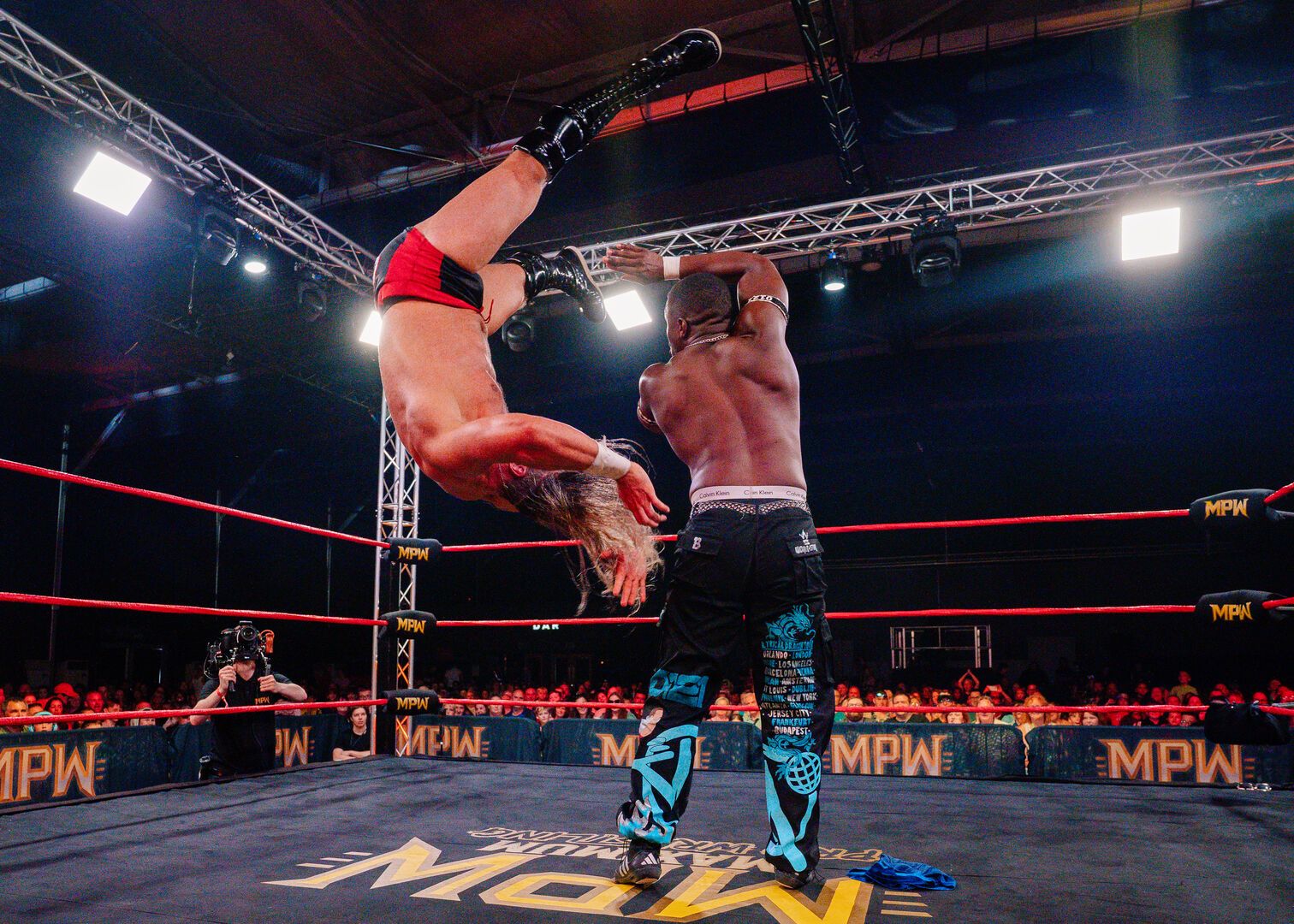 Two Wrestlers fight in the ring during a Maximum Pro Wrestling show at Butlin's.