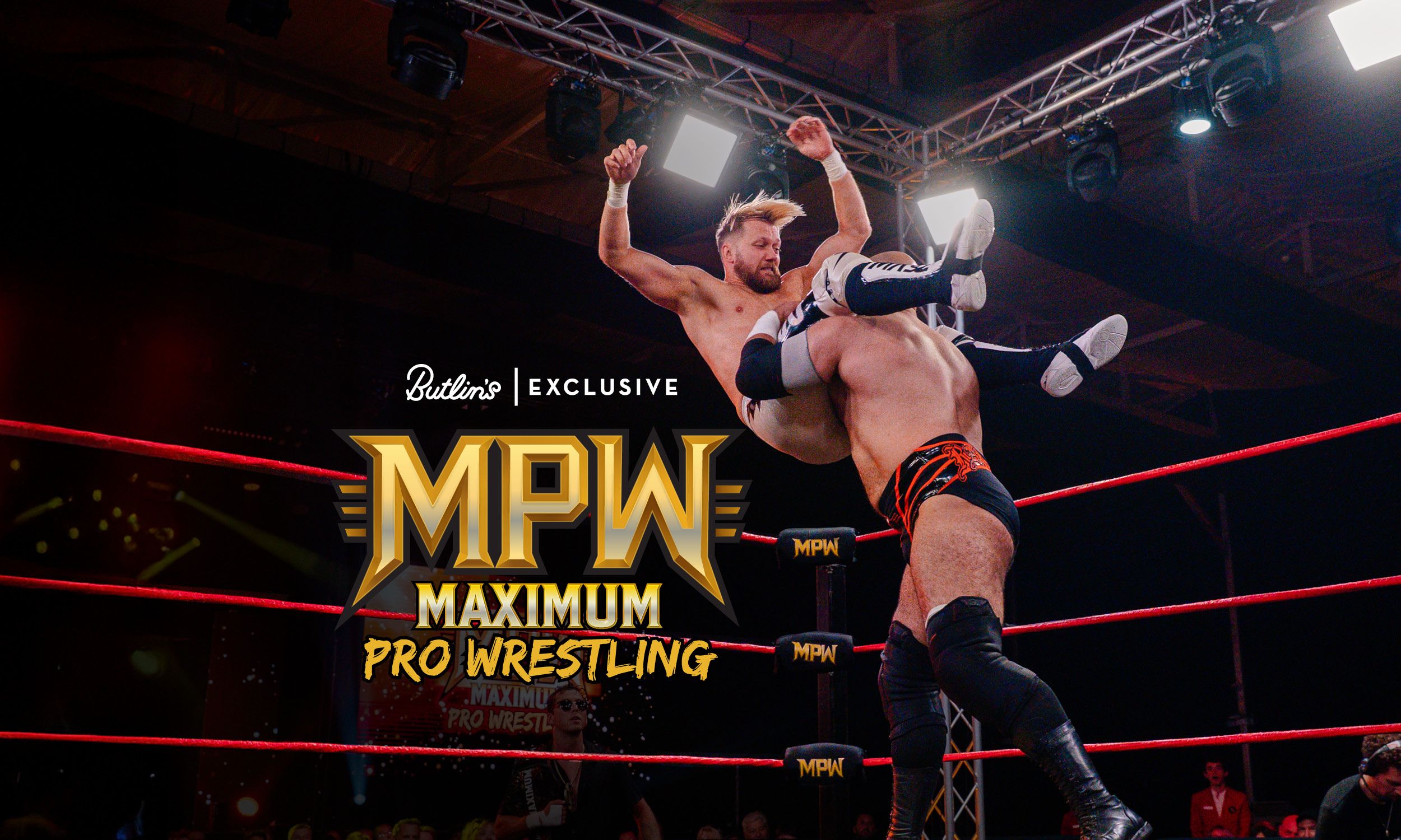 The promotional image for Maximum Pro Wrestling featuring two wrestlers in the ring, with one grappling the other. The name of the show is to the left of them in bold yellow font.