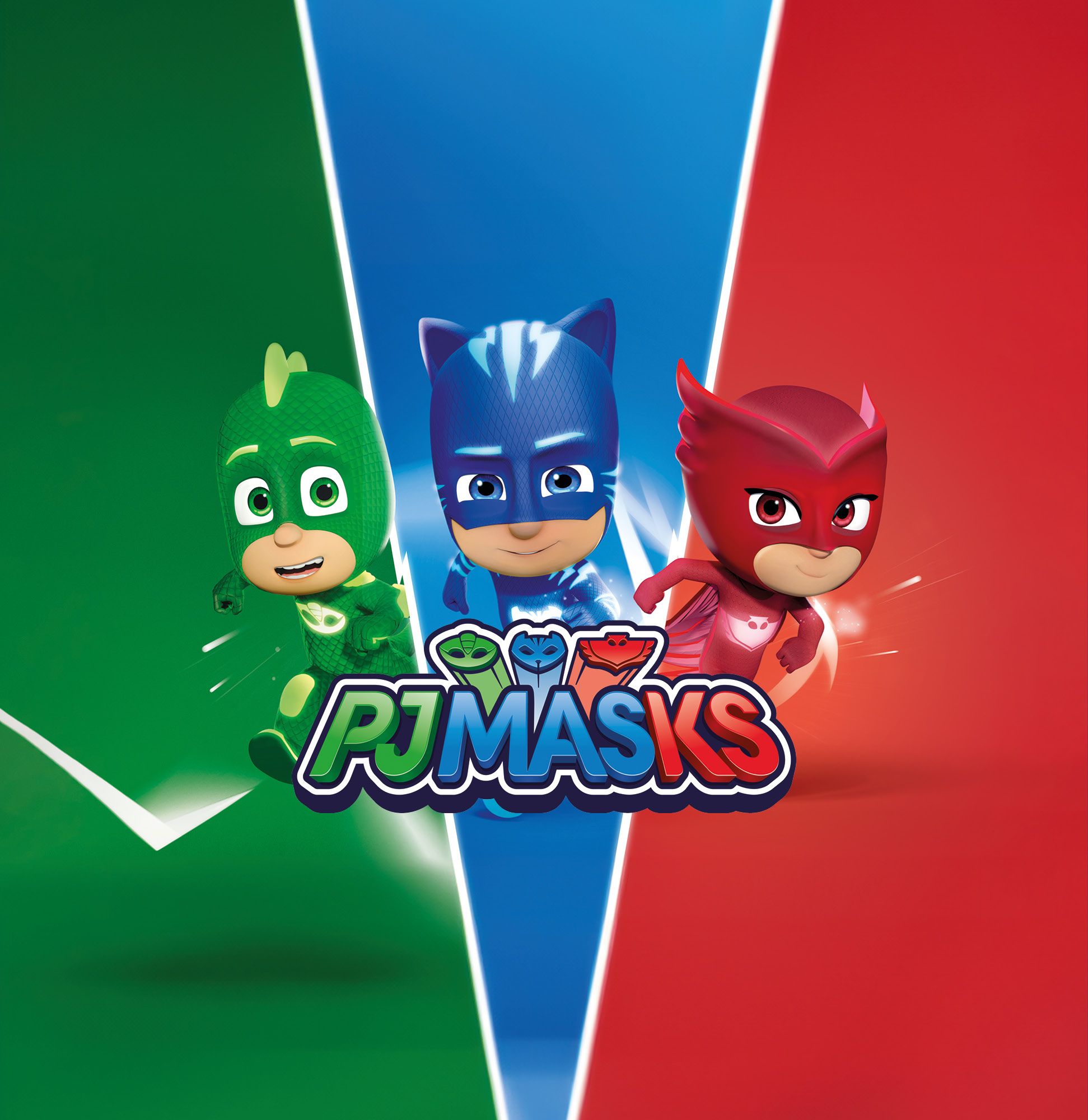 Three members of PJ Masks looking and running towards the camera.