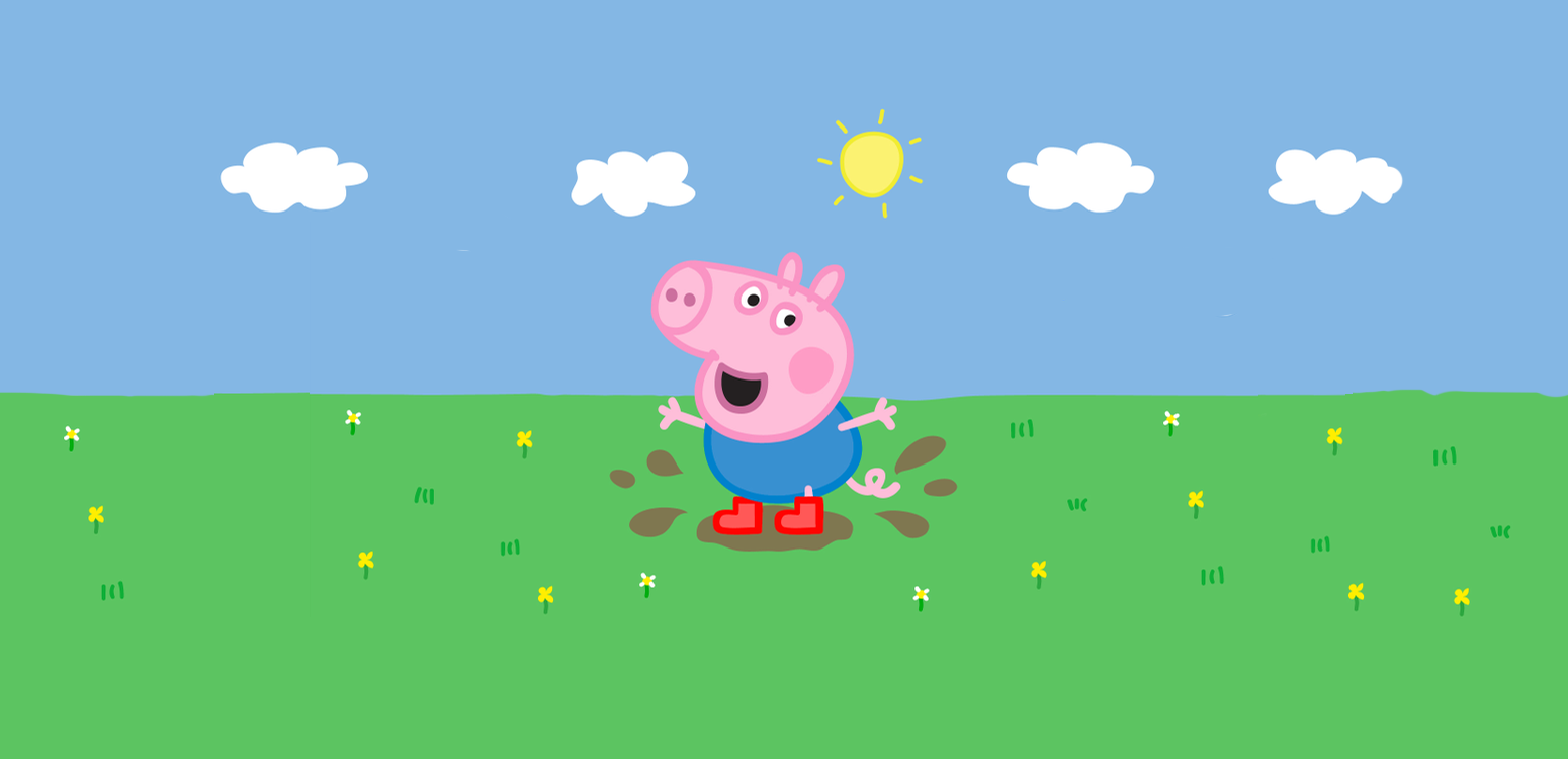 A George Pig cartoon raising its hands.