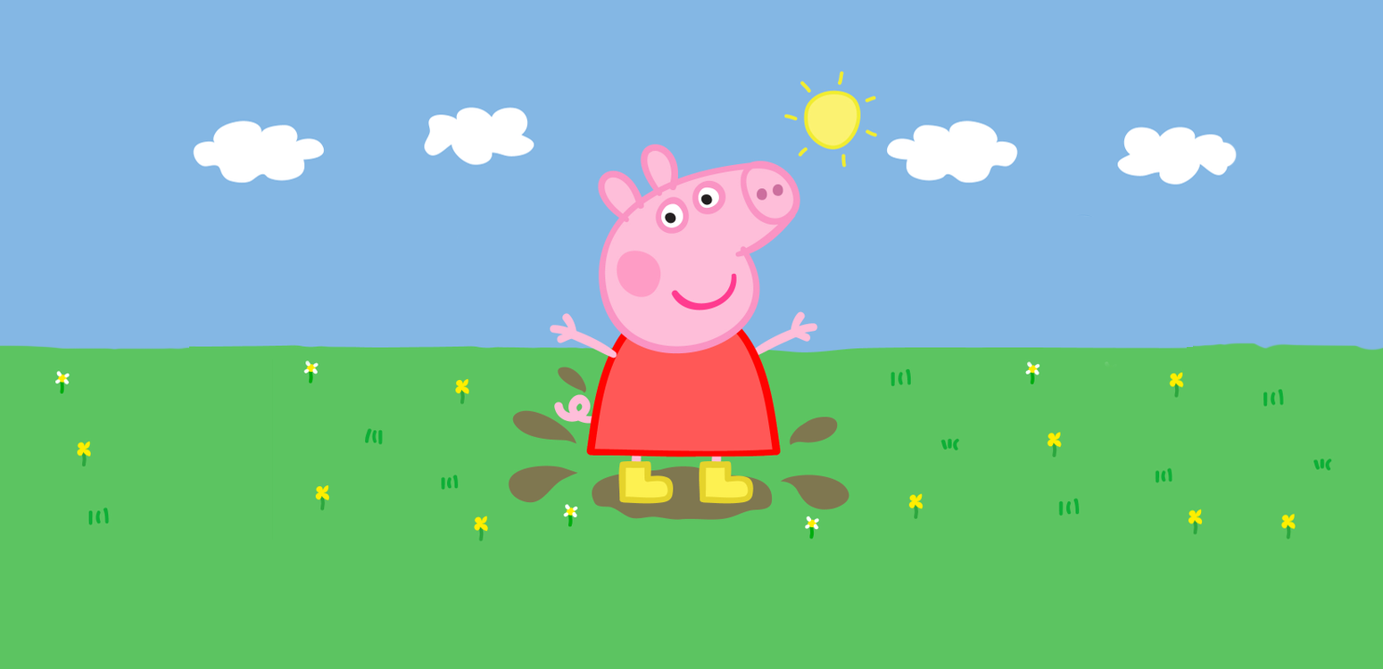 A Peppa Pig cartoon raising its hands.