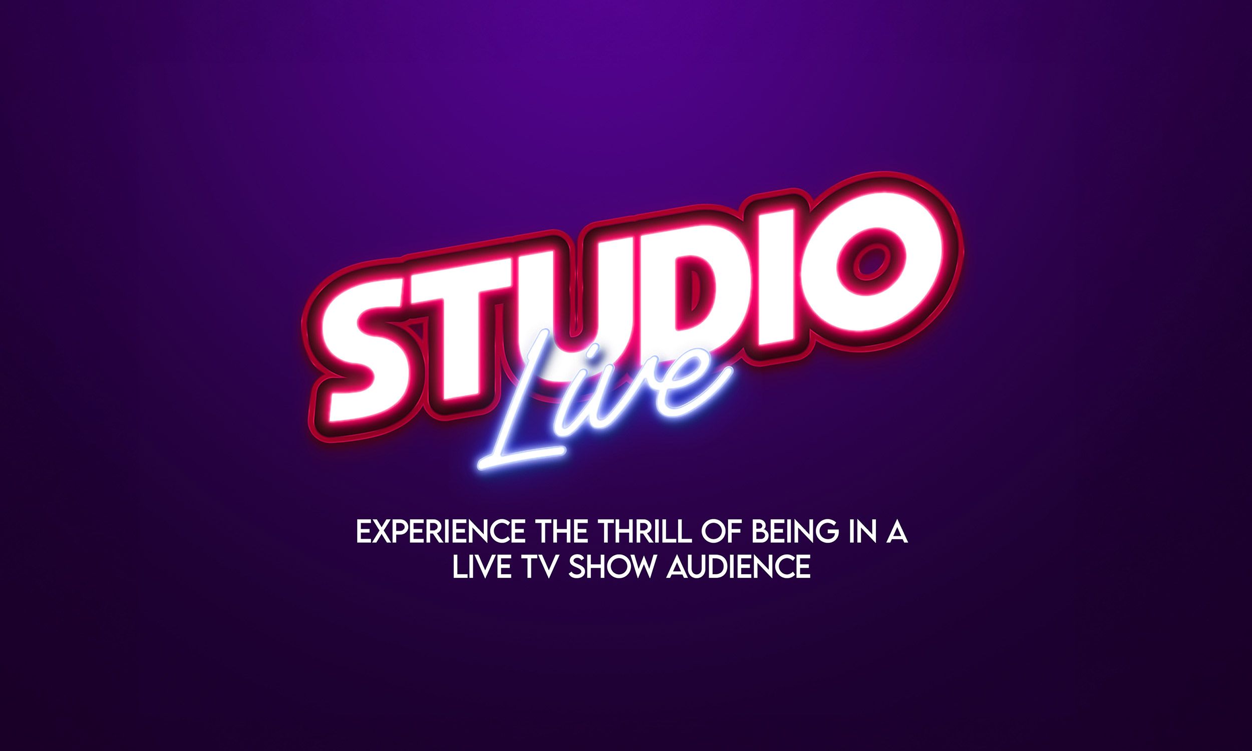 The promotional image for the Studio Live show at Butlin's. The word "Studio" is written in bold, neon lettering and "Live" is written below it in italics. Below the name of the show are the words "Experience the thrill of being in a live TV show audience".