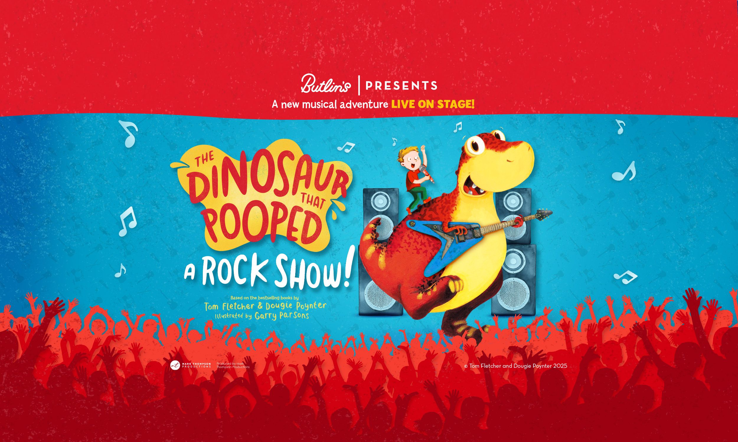The promotional image for the new 2026 show for the Dinosaur that Pooped. The image features a red and yellow dinosaur with a guitar, with a young boy on top singing into a microphone. The title reads "The Dinosaur that Pooped, a Rock Show!" which is set against a teal background with small white musical notes.