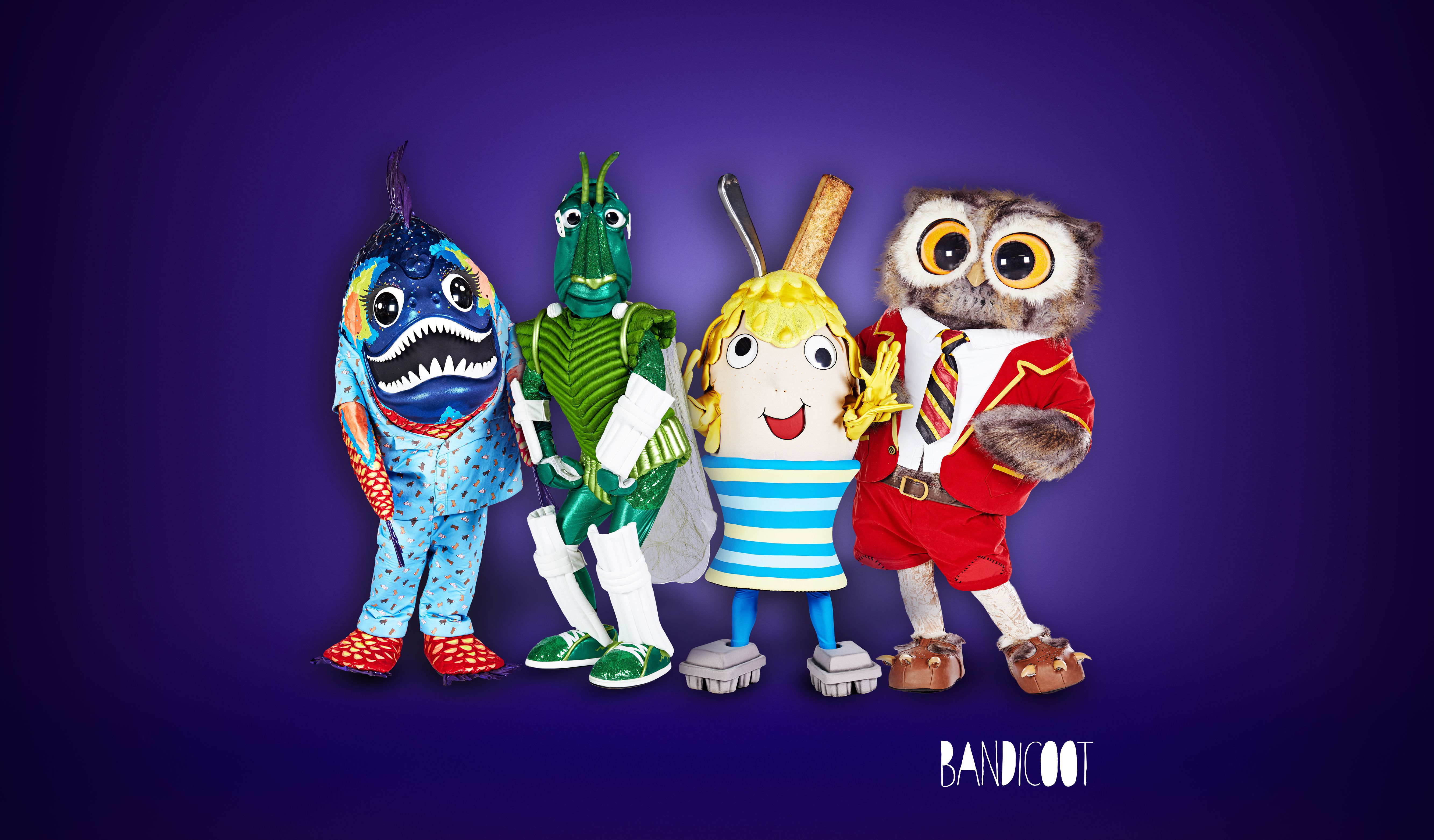 A promotional image for the live Masked Singer show at Butlin's. Featuring the four characters, Cricket, Dippy Egg, Owl and Pirhana.
