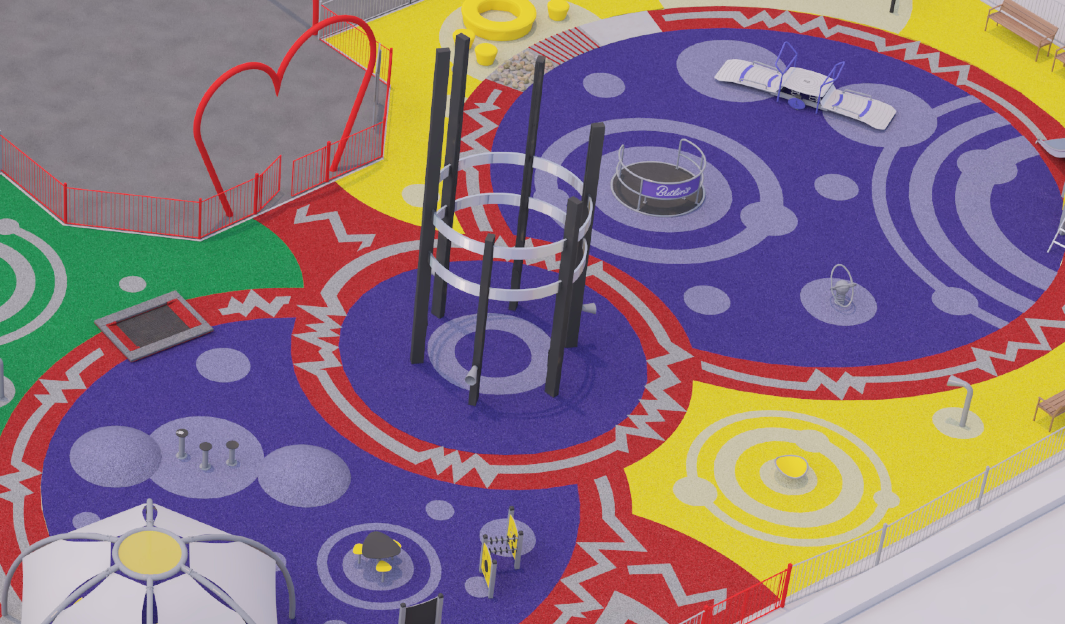 A colourful Skypark with massive tower slides.